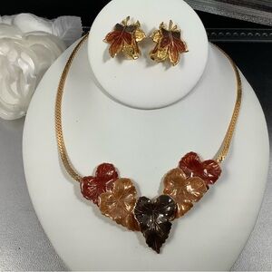 Elegant Gold and Brown Leaf Necklace and Earring Set